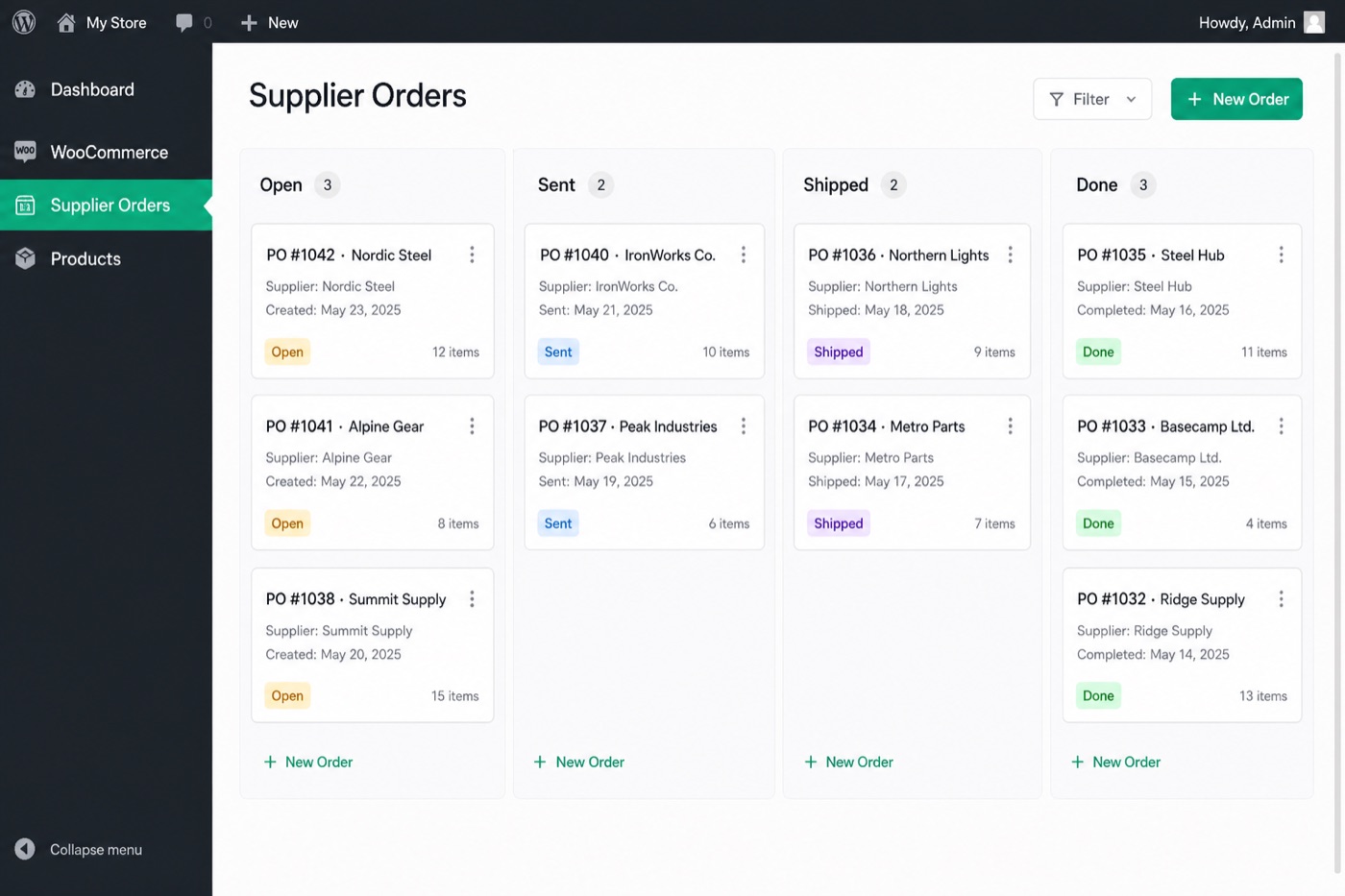 Kanban board for open purchase orders in Supplier Order Manager